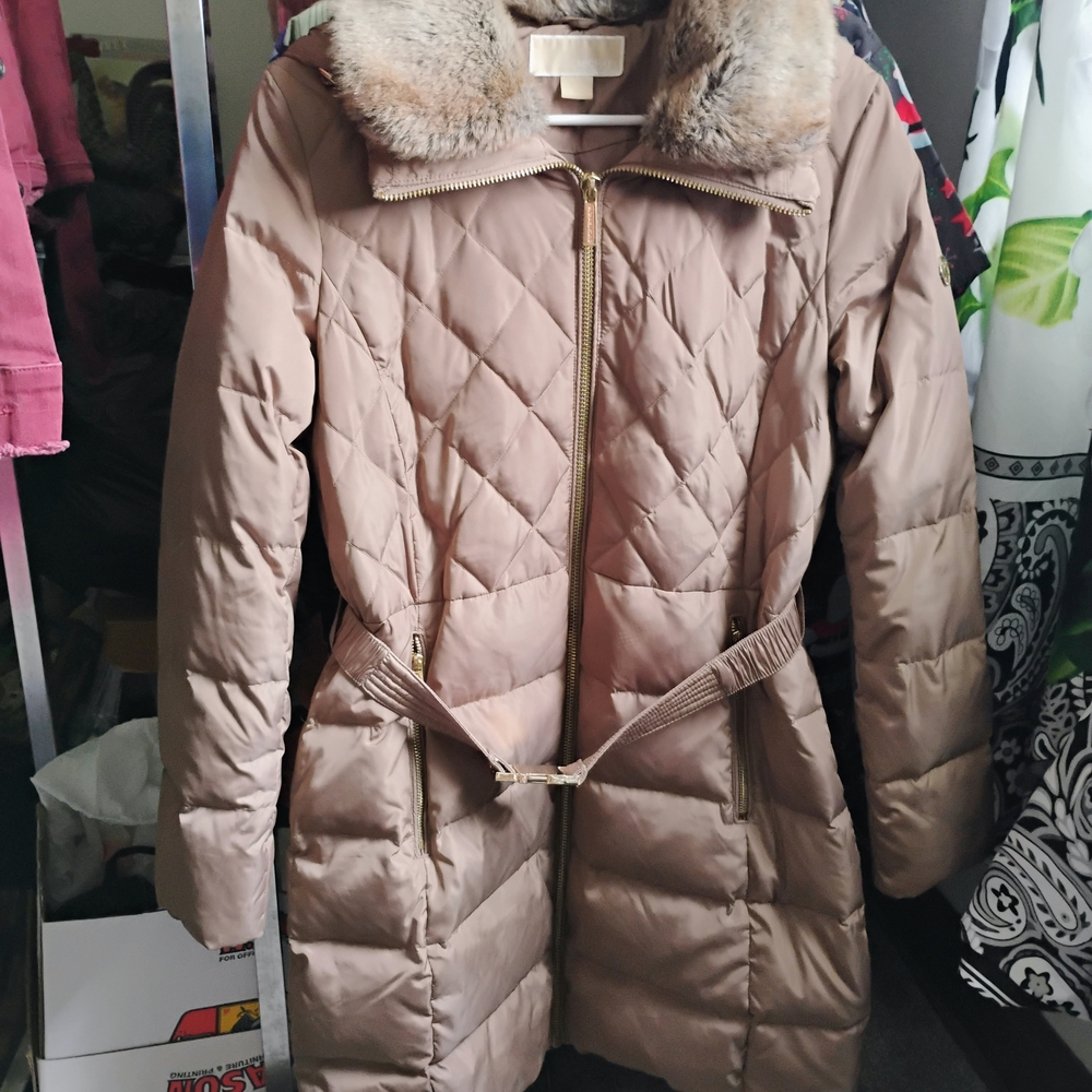 Michael Kors Brown Quilted Puffer Coat with Belted Waist